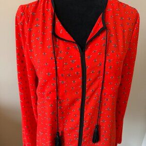 Libby Edelman Red Black Bumblebee Long Sleeve Tie Neck Blouse